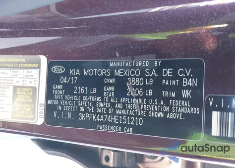 2017 Kia Forte Lx z USA, uszkodzony, nr VIN 3KPFK4A74HE151210